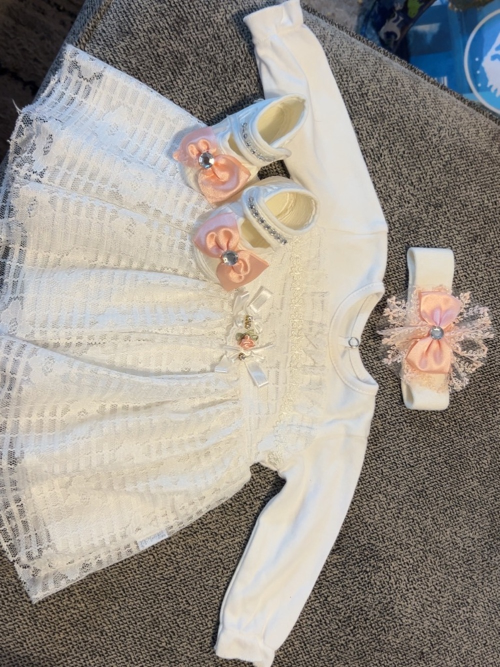 White Lace Baby Dress with Pink Bow Shoes & Headband Set